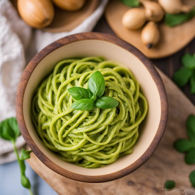 Auf dem Bild ist eine Schale mit Zucchini-Nudeln zu sehen. Die grünen Gemüsenudeln sind eine gesunde alternative zu herkömmlichen Pasta-Gerichten. Sie wurden mit einem Avocado-Pesto vermengt und mit frischem Basilikum garniert.