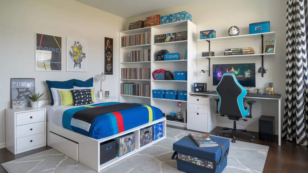Multi-functional furniture in a gaming bedroom, including a bed with built-in drawers and storage boxes for games and accessories.
