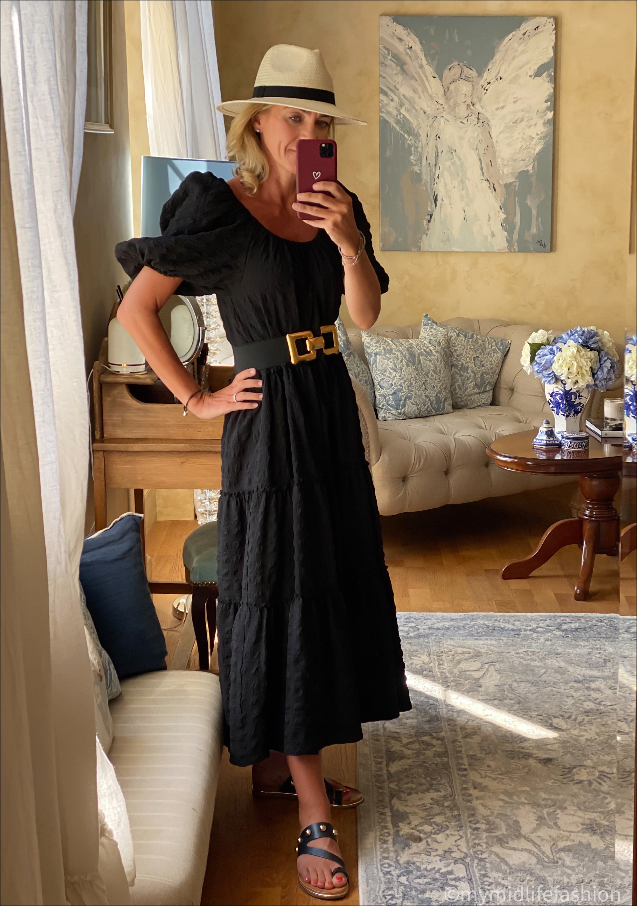 my midlife fashion, Zara Panama hat, Zara smock dress, Zara elasticated belt, carvela studded sandals