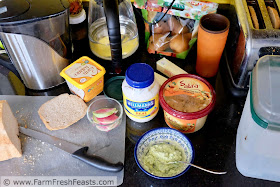 ingredients for avocado egg salad sandwich with watermelon radish and hummus