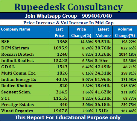 Price Increase & Vol Increase In Mid Cap