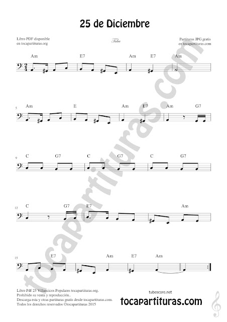 Tuba Partitura de 25 de Diciembre Villancico de Navidad Sheet Music for Tuba Christmas Carol Music Scores (tuba en 8ª baja)