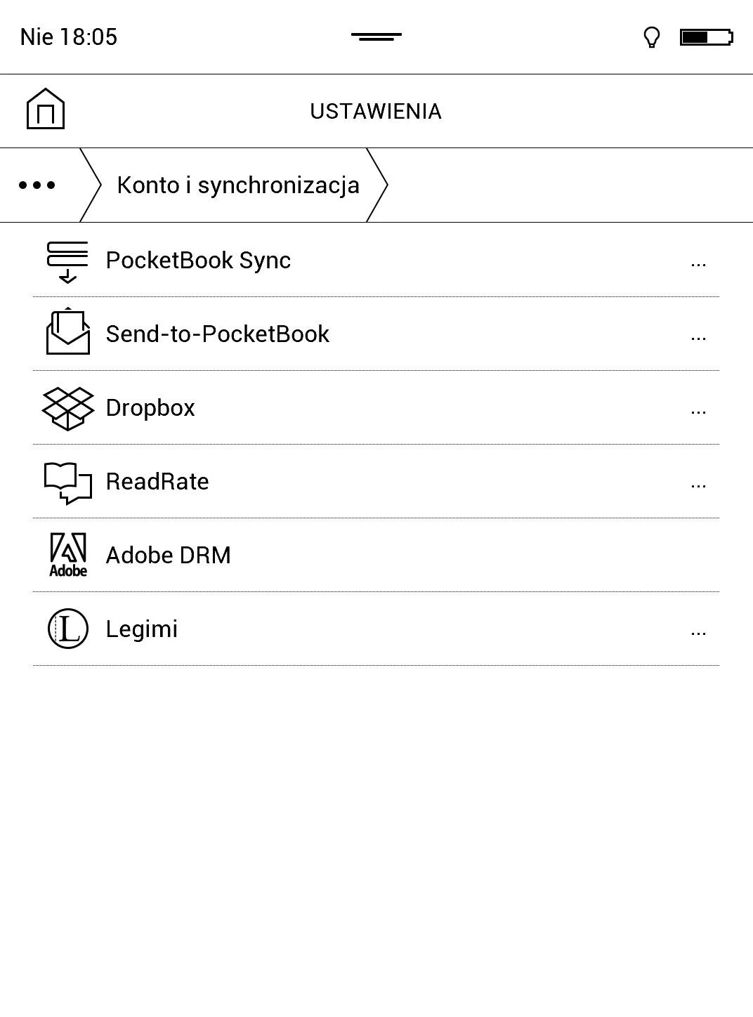 ustawienia kont w PocketBook Touch HD 2