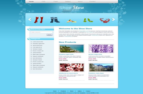 Free CSS Floral Blue Shoes Store Shop Jquery HTML Web 20 Website Template