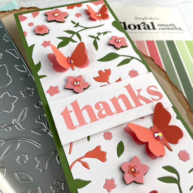 Thank You card created with: Scrapbook.com bloom bundle, spring floral slimline die, florals cardstock, smart glue, mint tape, foam adhesive; Pinkfresh jewels; Tim Holtz saltwater taffy distress oxide