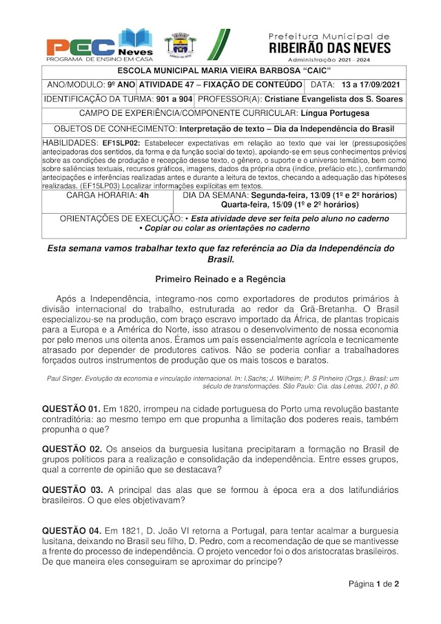 LÍNGUA PORTUGUESA - PROFª. CRISTIANE EVANGELISTA - ATIVIDADE 48 - INTRODUÇÃO DE CONTEÚDO - 901 a 904 (13/09 a 17/09/2021)