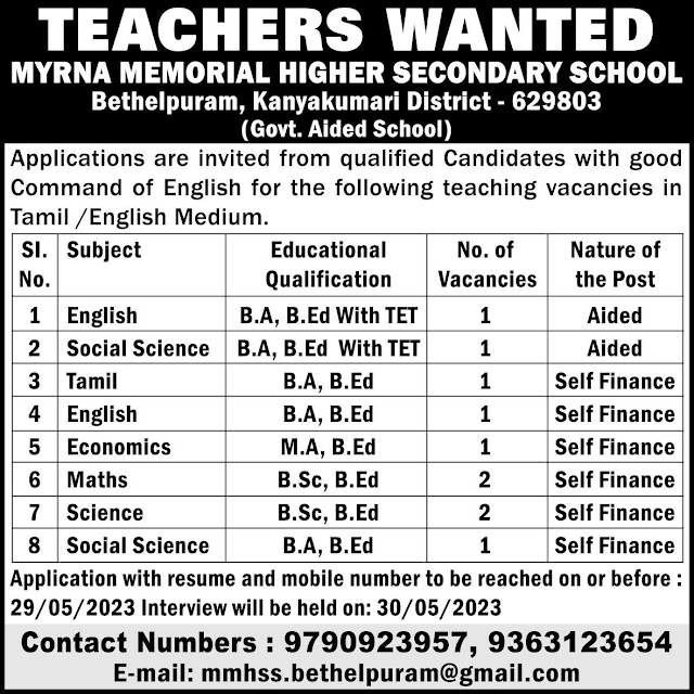 TEACHERS WANTED | B.A, B.Ed | B.Sc, B.Ed | B.A, B.Ed With TET | AIDED & SELF FINANCE! APPLY BEFORE 29-05-2023!!