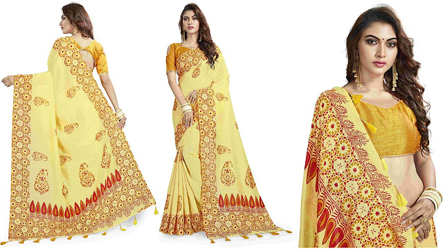 IndianEfashion Self Design, Hand Painted, Floral Print Daily Wear Cotton Silk Saree  (Yellow)