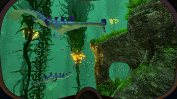Exploring through the Kelp. First person view showing mantle like entities swiming through a Kelp forest. The view is divided between the large underwater plants growing on the left and a rocky outcropping with a hole at is end, extending from the left edges of the rock, on the right