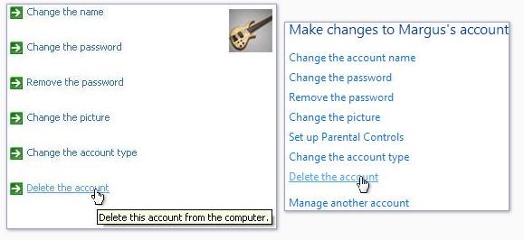 Windows XP, comptes utilisateur. Cliquez sur 'Supprimer le compte' pour supprimer définitivement le compte utilisateur.