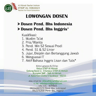 Lowongan Dosen Surabaya - Lowongan Dosen Surabaya 2017 kali ini ditujukan untuk Kampus STKIP Al Hikmah kota Surabaya. Nantinya akan menjadi Dosen Pendidikan Bahasa Indonesia dan Dosen Pendidikan Bahasa Inggris.