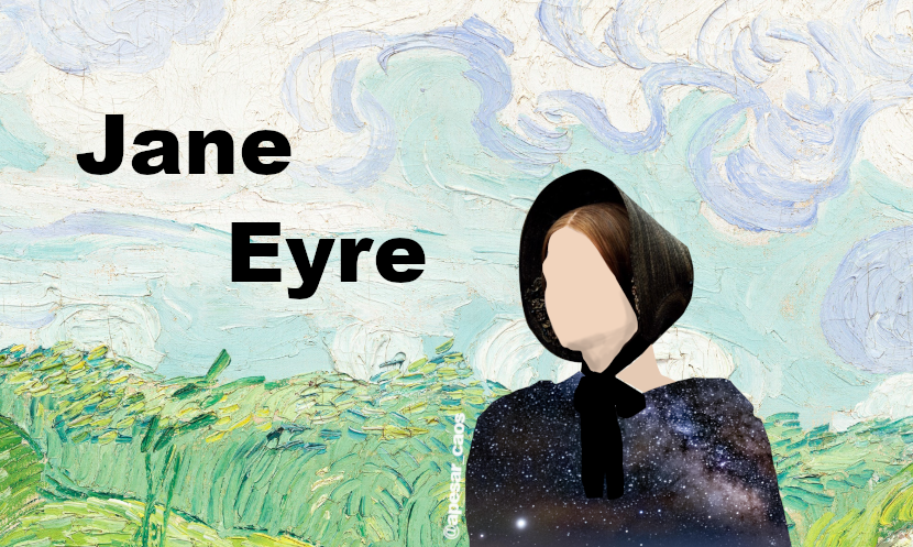 Arte: moça com chapéu antigo com uma pintura de Van Gogh de céu claro com nuvem e mato . Escrito grande as palavras Jane Eyre