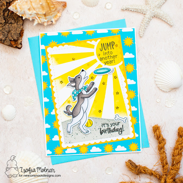 Dog Birthday Card by Zsofia Molnar | Dog Park Stamp Set, Land Borders Die Set, Framework Die Set, Sunscape Stencil and Summertime Paper Pad by Newton’s Nook Designs #newtonsnook