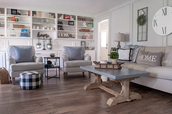 farmhouse living room with light and bright feel