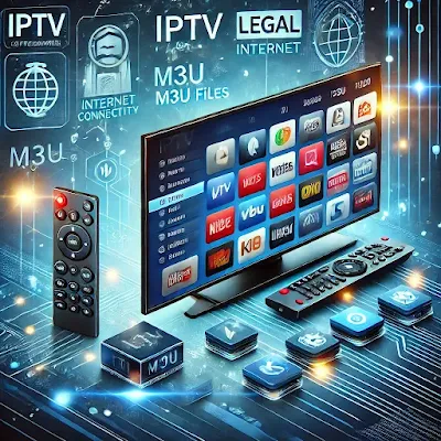 Smart TV displaying an IPTV interface with a playlist of channels, representing legal M3U file streaming. The background features digital streaming icons, internet connectivity, and a legal checkmark