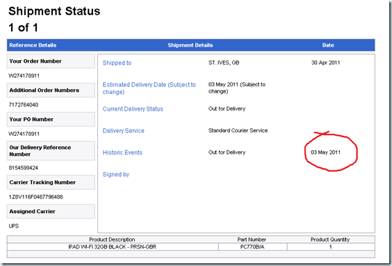 iPad delivery status