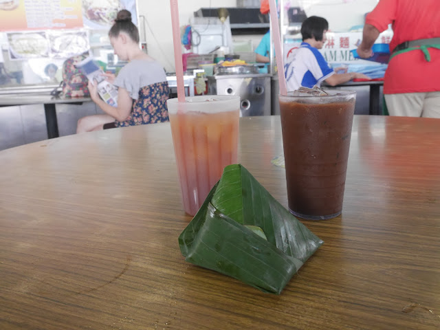 nasi lemak, lemon tea, and Malaysian iced coffee