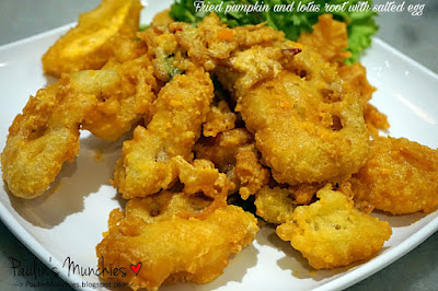 Deep fried pumpkin and lotus root with salted egg