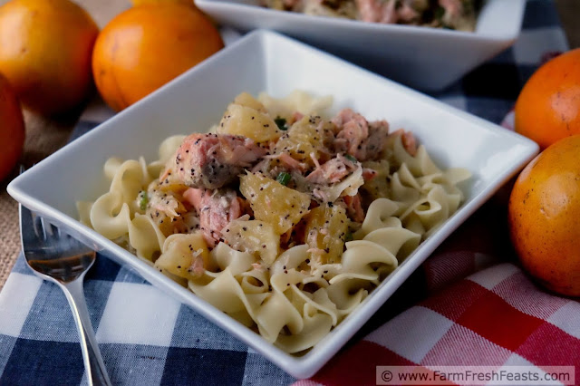 A recipe for salmon and fresh oranges in a poppy seed vinaigrette, served over hot pasta. The bright and fresh flavors of this dish lighten up the dark winter days.