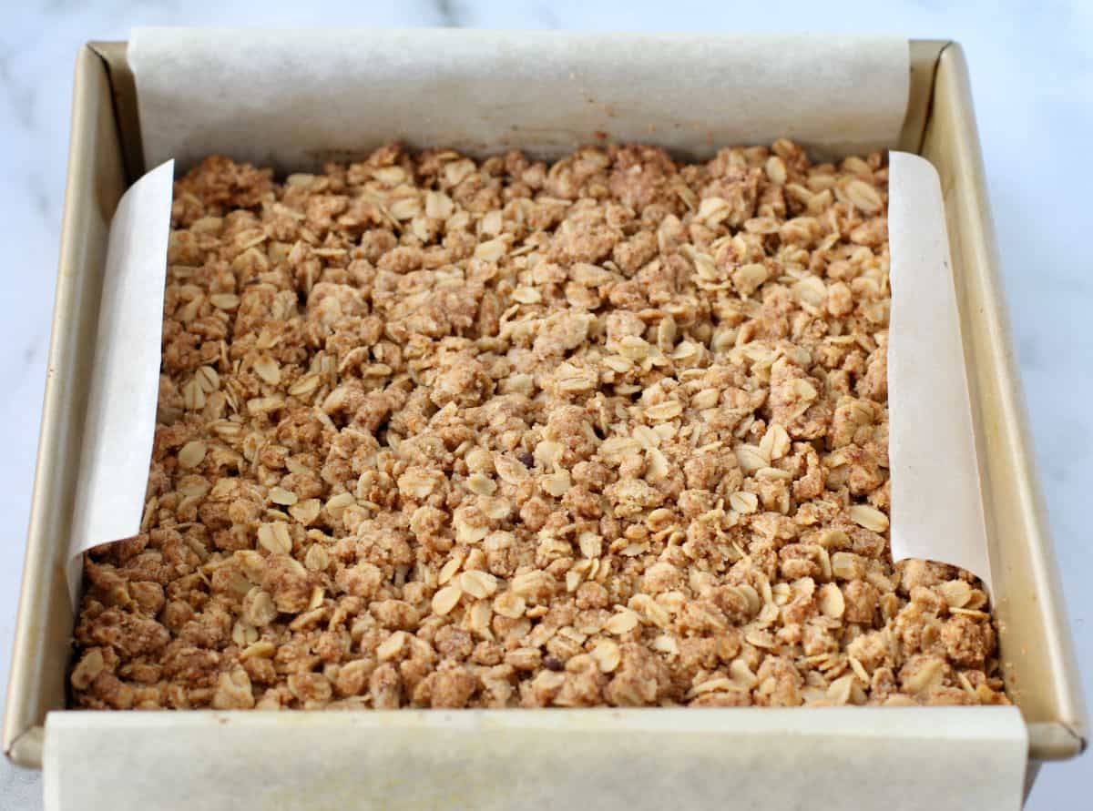 Cranberry Oatmeal Bars in baking pan.