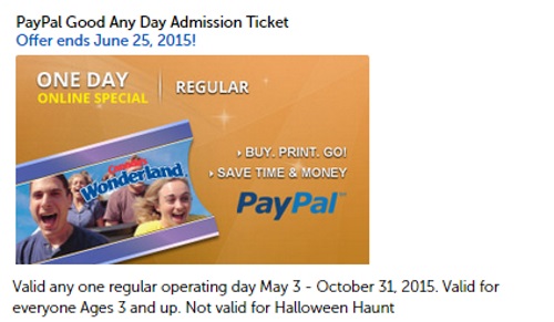 Canada's Wonderland Paypal Good Any Day Admission Tickets $35.99