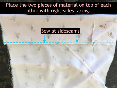 Picture showing fabric with right-sides together and then line markings to show where to sew on the edges.