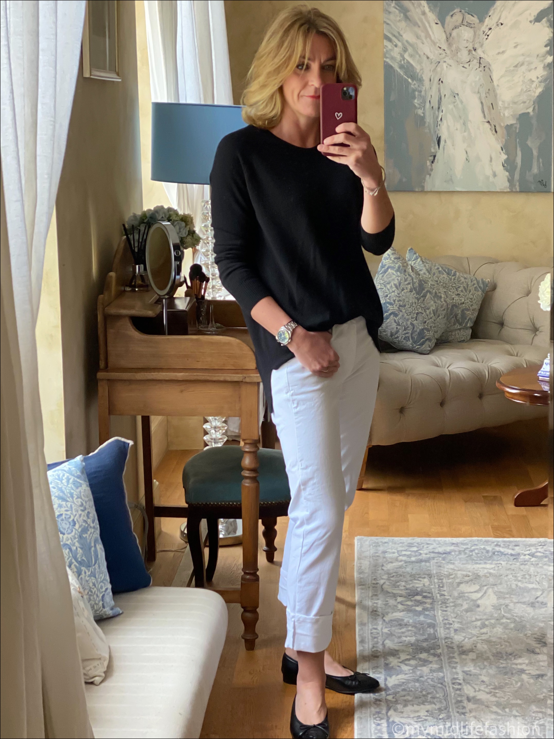 my midlife fashion, hush boyfriend crew neck cashmere jumper, baukjen the boyfriend jean, Chanel ballet pumps