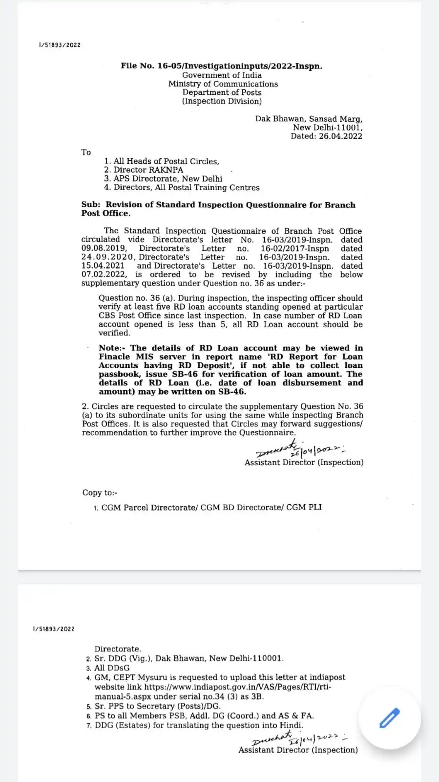 Revised BO Inspection Questionnaire | Revision of Standard Inspection Questionnaire for Branch Post Office (BO) | Dated 26.04.2022
