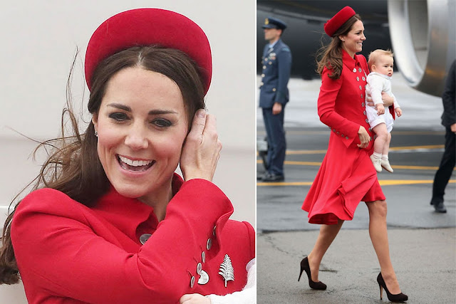 Kate wears red Catherine Walker coat dress and and has been loaned the Queen's silver fern brooch.