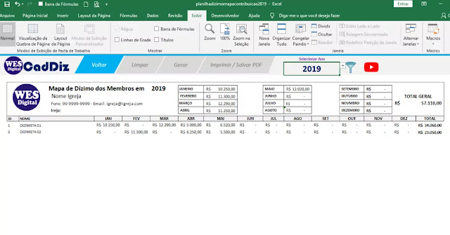 Planilha Excel MAPA Financeiro e Controle de Dízimo