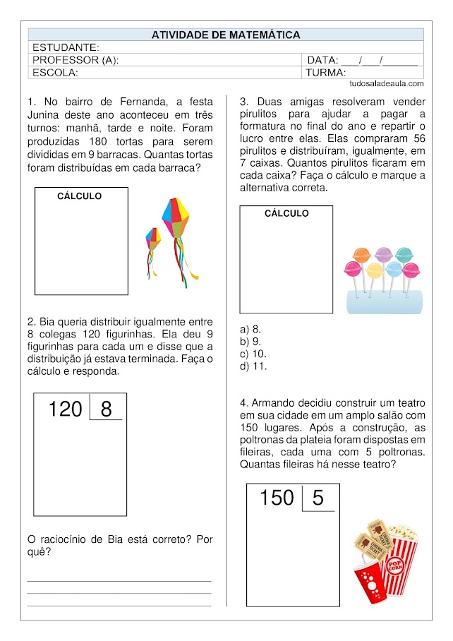 Problemas de Matemática do 4º Ano - Multiplicação e Divisão