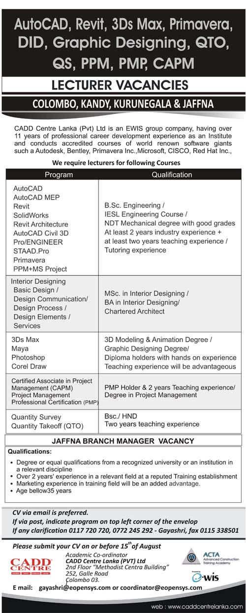 Vacancies For Auto Cad Revit 3ds Max Primavera Did