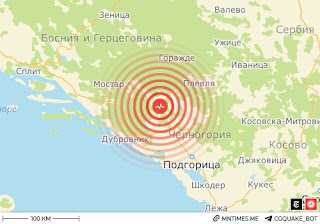 Карта землетрясения в Черногории 3 апреля 2024