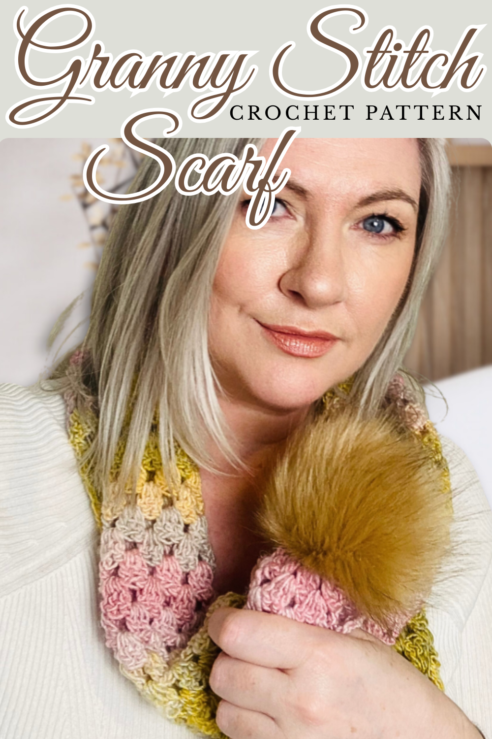 a pinterest pin for a free crochet pattern to make a granny stitch scarf
