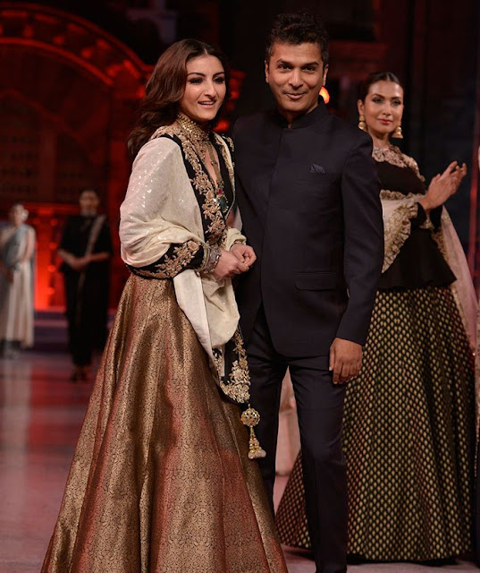 Soha Ali Khan in Vikram Phadnis Gold Banaras Lehenga