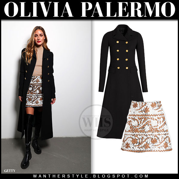 Olivia Palermo in black coat, embroidered mini skirt and black boots