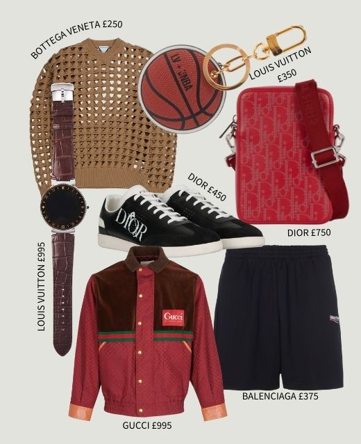 Image of mens clothes, shoes, accessories in a collage against platinum backdrop.