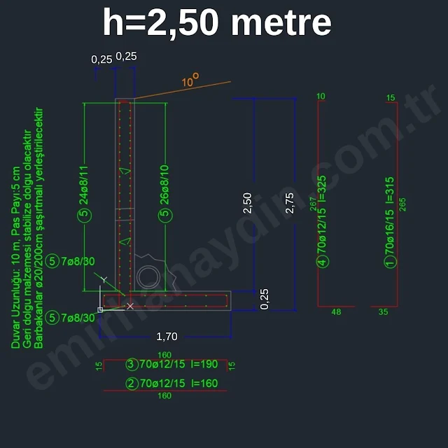 2,50 metrelik istinat duvarı projesi örneği dwg