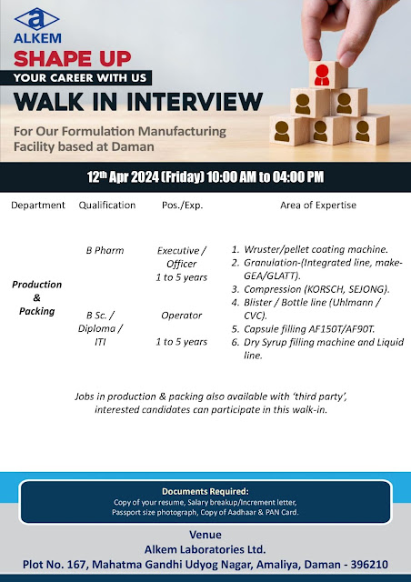 Alkem Laboratories Walk In Interview For Production & Packing