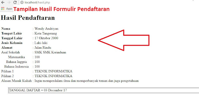 Tampilan Hasil Formulir Pendaftaran