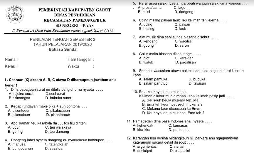 Soal UTS /PTS Bahasa Sunda Kls 5 Semester 2 K13 Tahun 2020 - File Guru Now
