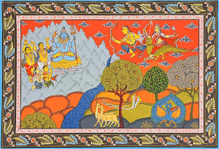 Kama, god of desire, with his consort, Rati, mistress of erotica, perched on a tree ready to shoot love-darts at Shiva Mewar school miniature.