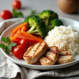 Low-FODMAP foods like rice, grilled chicken, and vegetables"