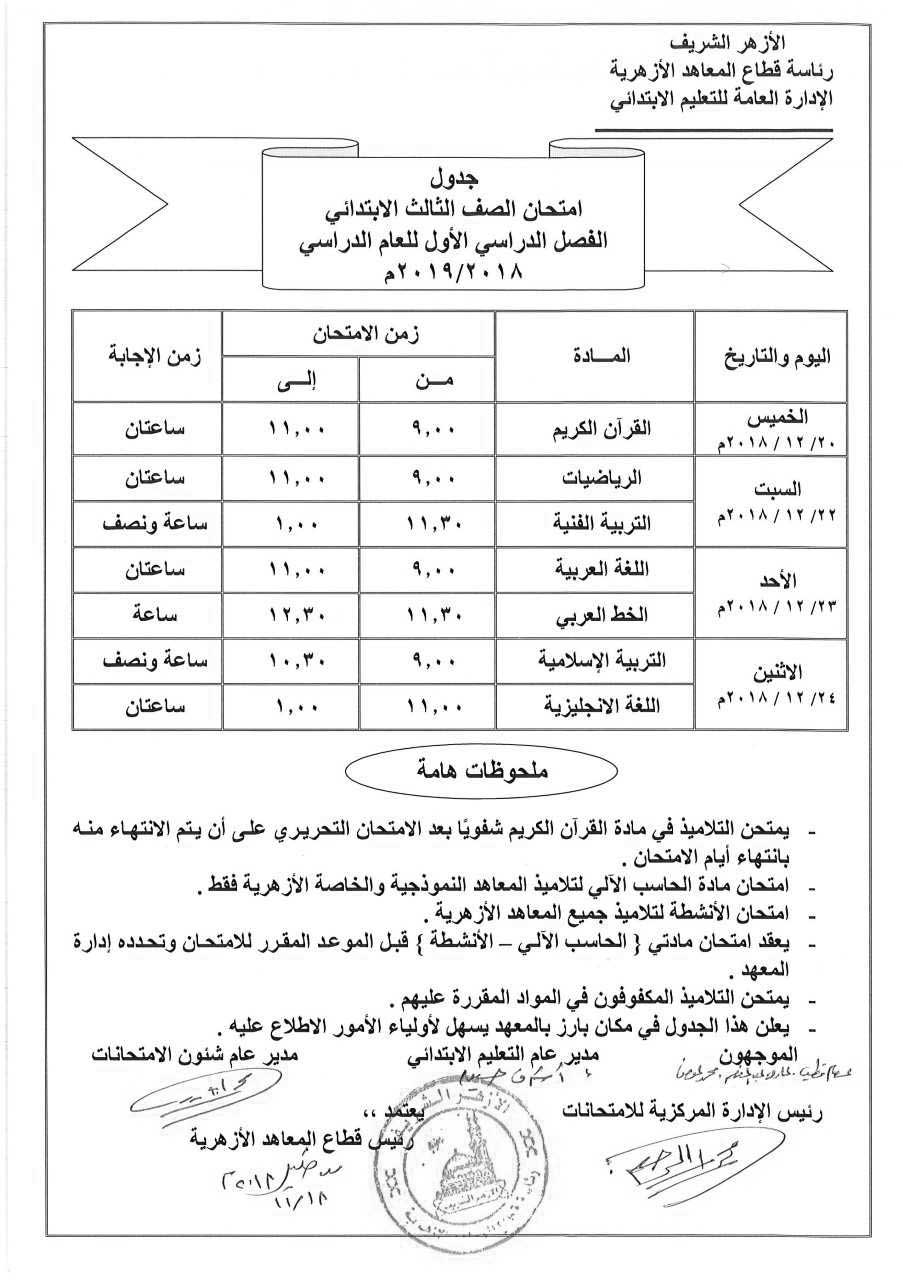 جدول امتحانات نصف العام الترم الأول في المعاهد الأزهرية 2024