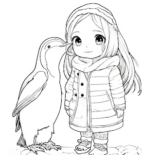 cute girls and penguins coloring book