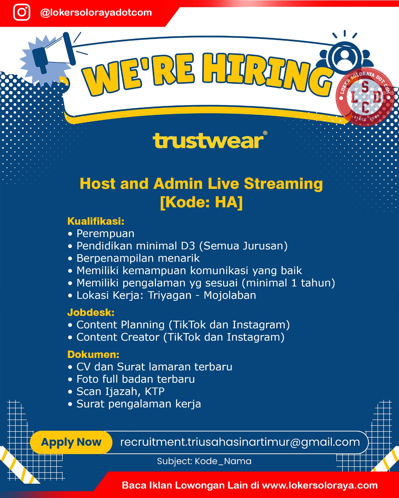 Loker Sukoharjo Terbaru di PT Tri Usaha Sinar Timur Triyagan Mojolaban