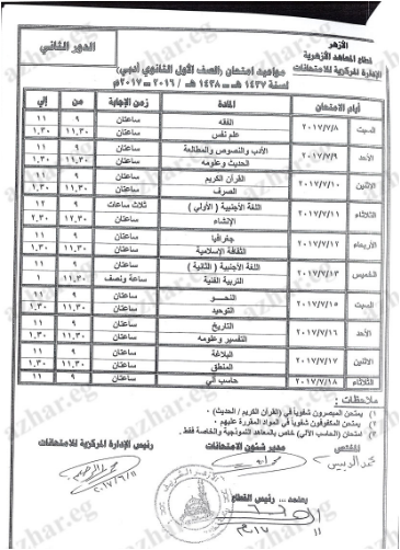 جداول امتحانات الدور الثانى لجميع مراحل النقل والشهادات الازهرية 2017 جدول الملاحق