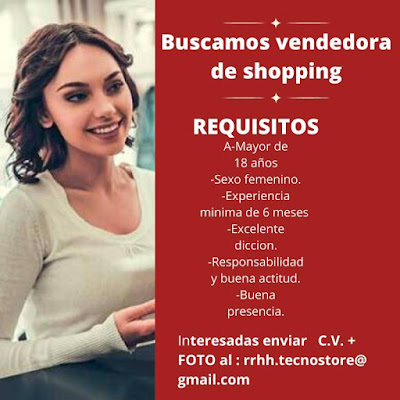 SE BUSCA VENDEDORA DE SHOPPING