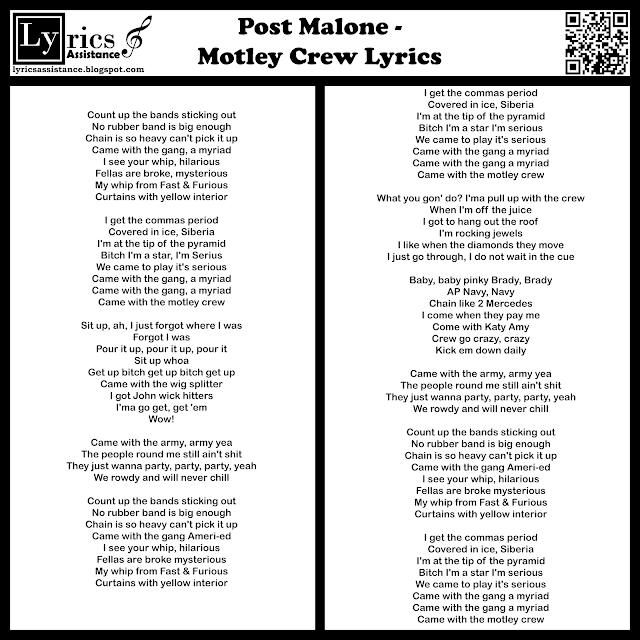 Post Malone - Motley Crew Lyrics | lyricsassistance.blogspot.com