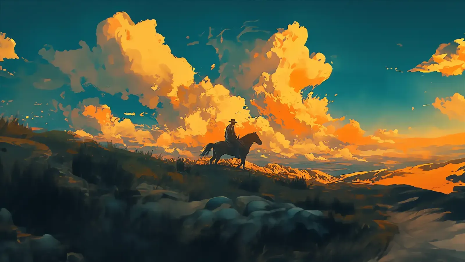 toplist wallpaper. Silhouette of a lone rider on horseback atop a hill against a backdrop of stunning golden clouds at sunset, in a Western-style landscape.